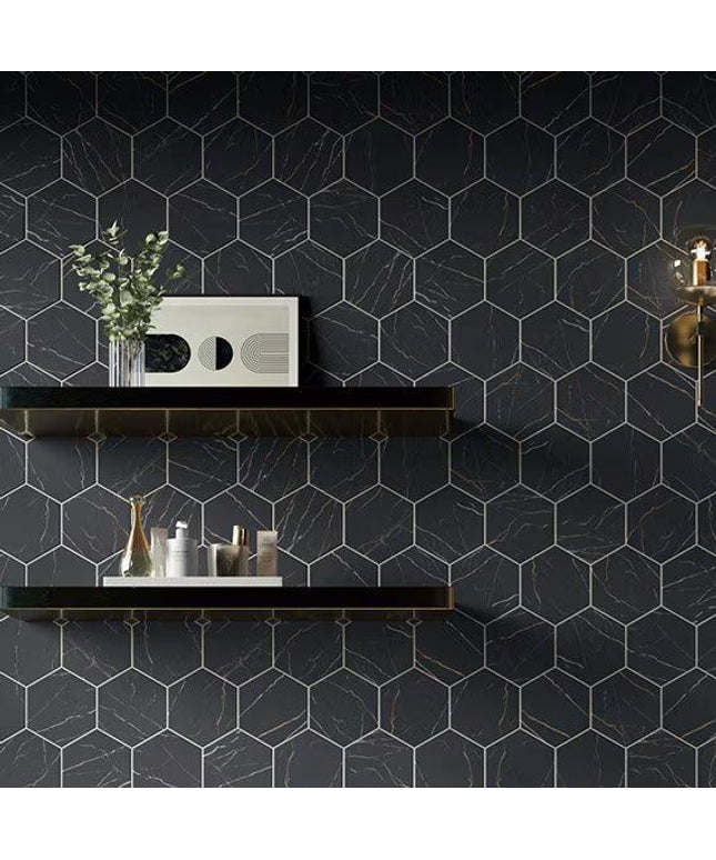 infinite black walls hexagon 8x8 porcelain tile