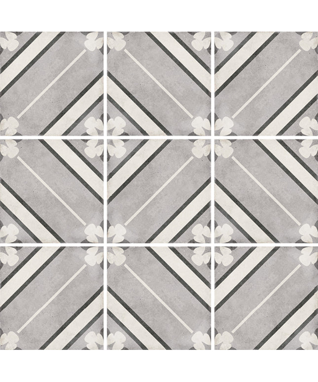 Patterned tiles with geometric design in gray, white, and black.