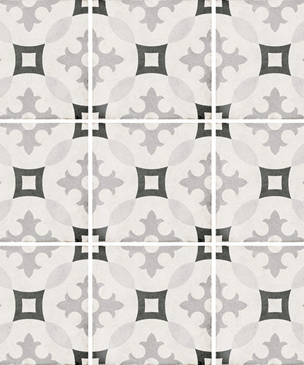Patterned tiles with black and gray design on a white background