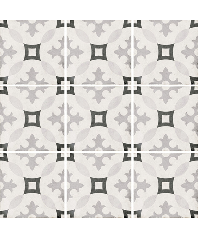 Patterned tiles with black and gray design on a white background