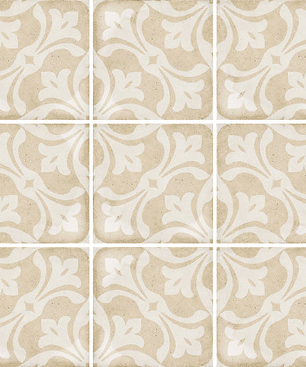 Set of nine beige and white patterned tiles.