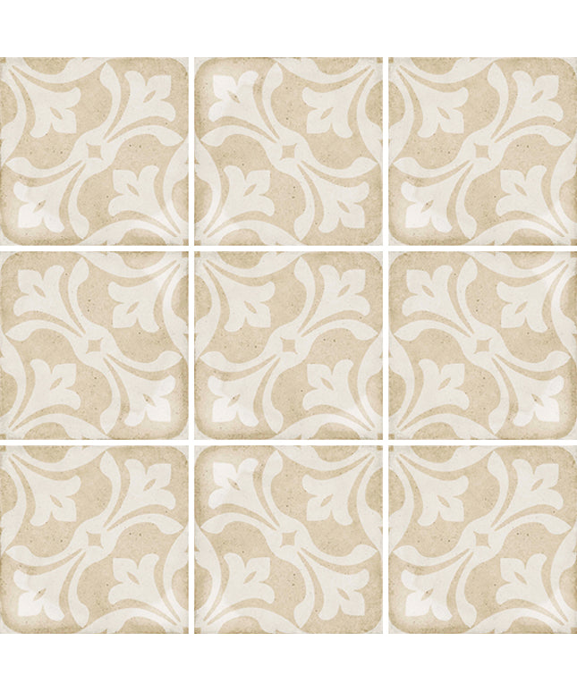 Set of nine beige and white patterned tiles.