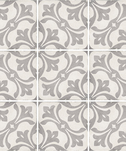 Patterned tiles with gray and white design