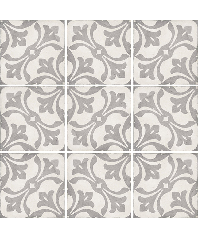 Patterned tiles with gray and white design