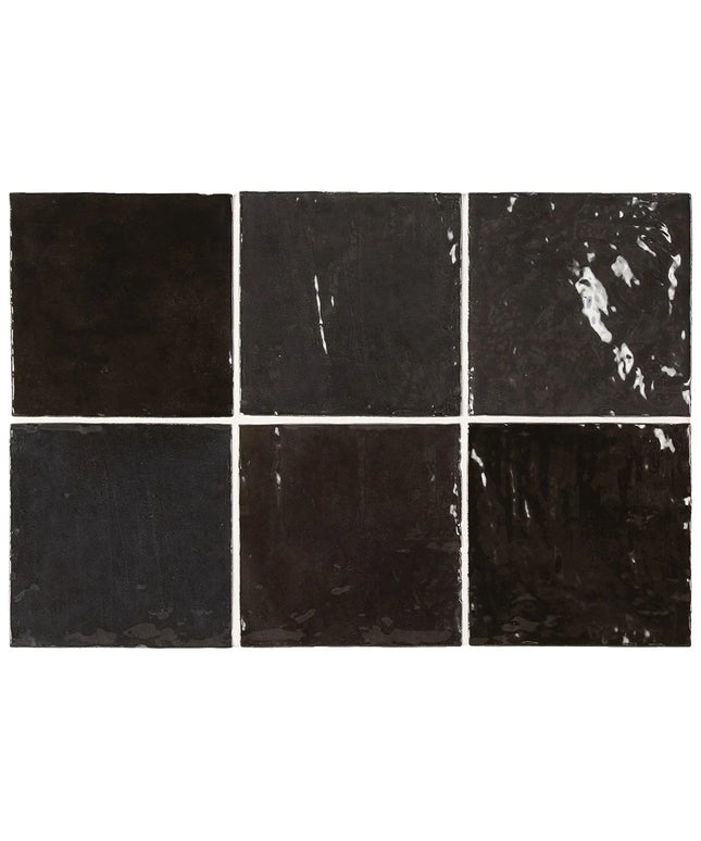 Six black square tiles with varying textures and patterns.