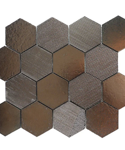 Hexagonal metal mosaic tiles on a white background