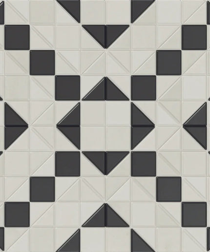 Pattern of black and white geometric tiles on a geometric grid background