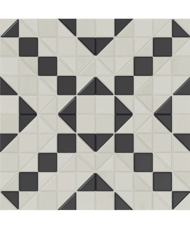 Pattern of black and white geometric tiles on a geometric grid background