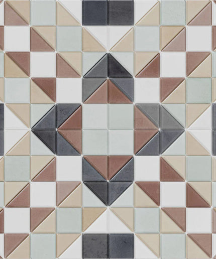 Geometric pattern of triangular tiles in various colors on a white background