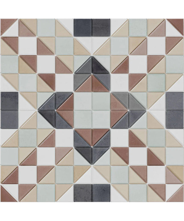 Geometric pattern of triangular tiles in various colors on a white background