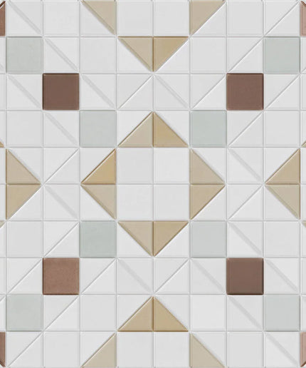 Geometric tile pattern with triangles and squares in neutral colors on a white background