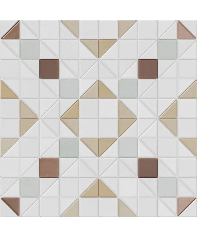 Geometric tile pattern with triangles and squares in neutral colors on a white background