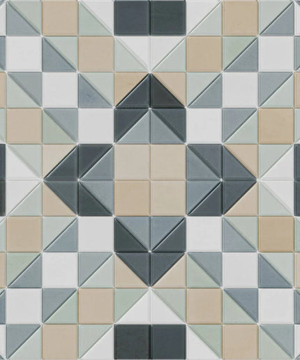 Geometric tile pattern with triangles in various shades of gray, beige, and white.