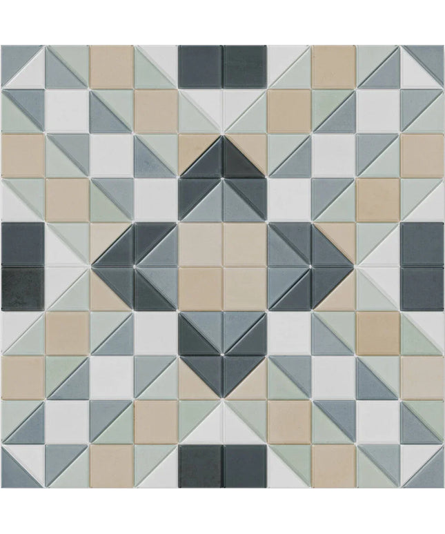 Geometric tile pattern with triangles in various shades of gray, beige, and white.
