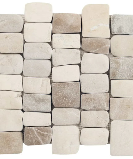 Mosaic pattern of stone tiles in various shades of beige and gray.