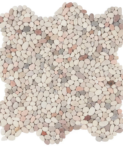 Natural stone pebble tile sheet with smooth, multicolored river rocks for flooring or backsplash