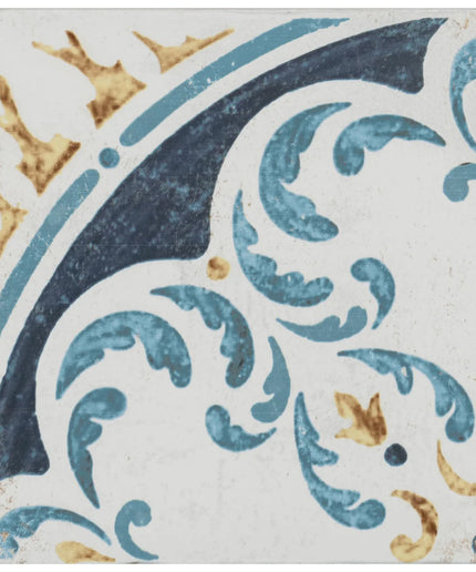 Multicolor decorative ceramic tile with blue, yellow and navy ornate floral pattern