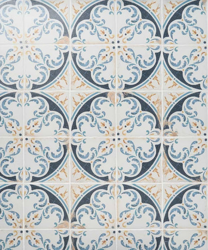 Multicolor lotus pattern ceramic wall tiles with blue, yellow, and white ornate design