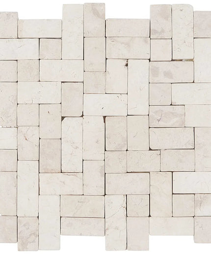 Antique natural stone mosaic tile sheet with cream rectangular tiles in woven pattern