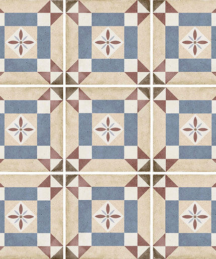 Patterned tiles with geometric design on a beige background