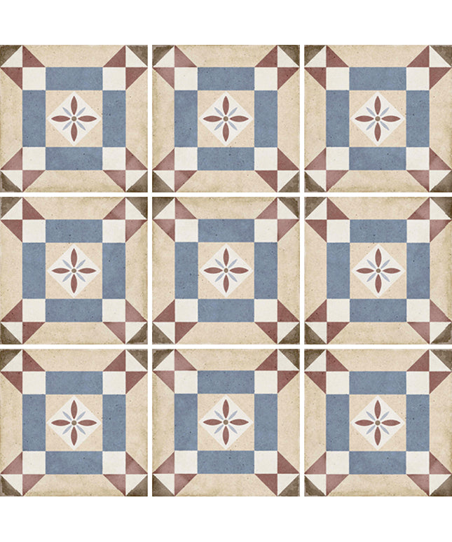 Patterned tiles with geometric design on a beige background