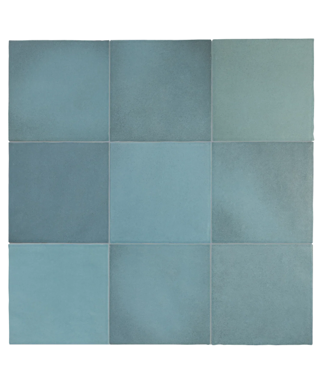 A 3x3 grid of square tiles in muted blue-green tones, arranged in a clean pattern with thin grout lines.
