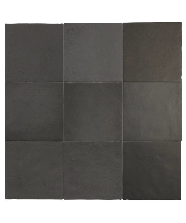 A 3x3 grid of dark charcoal gray square tiles with a matte, textured surface, arranged in a clean pattern on a white background.
