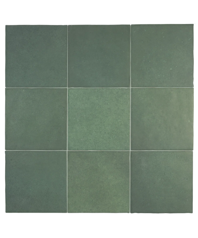 A 3x3 grid of square ceramic tiles in various shades of muted sage green, arranged in a clean pattern with thin grout lines.