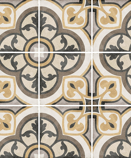 Decorative tiles with intricate patterns in beige, brown, and black.