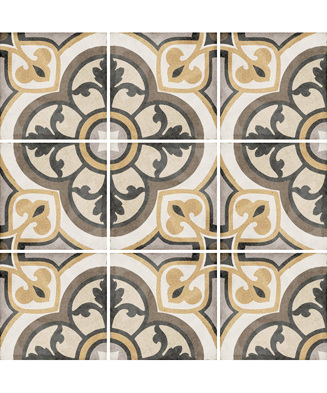 Decorative tiles with intricate patterns in beige, brown, and black.