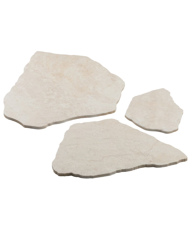 Three beige stone-like tiles on a white background