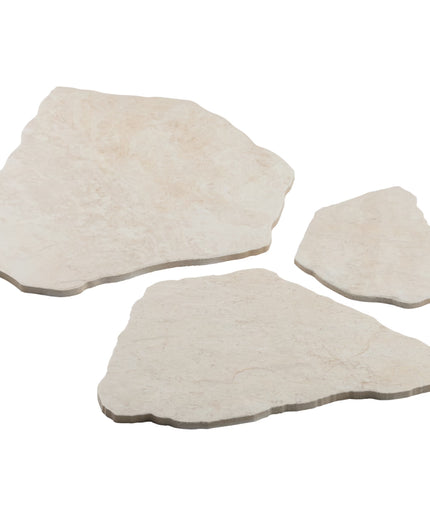 Three beige stone-like tiles on a white background