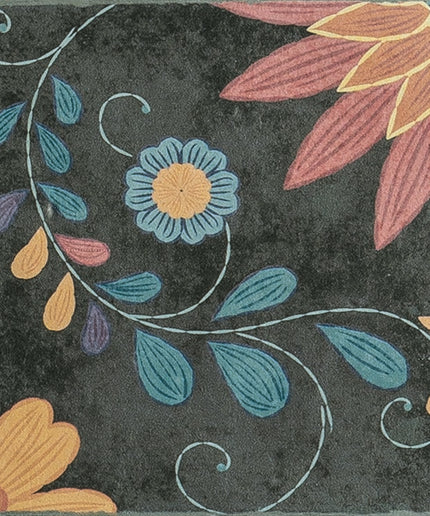 Decorative ceramic tile with colorful floral design on a dark background, ideal for backsplash or accent wall.