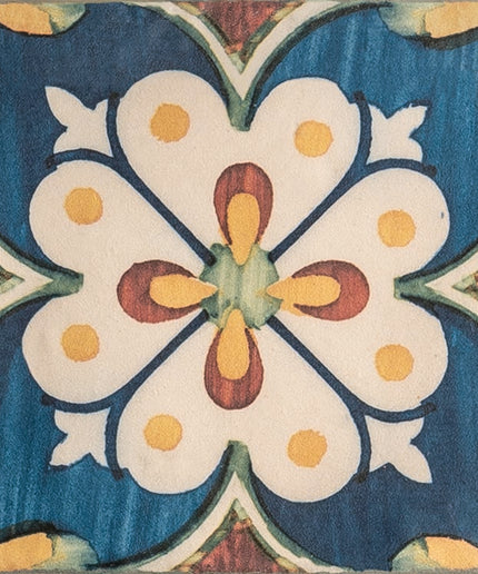 Decorative ceramic tile with floral pattern in blue, yellow, and beige for kitchen backsplash or floor.