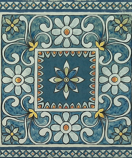 Blue decorative floor tile with white and yellow floral pattern and intricate borders