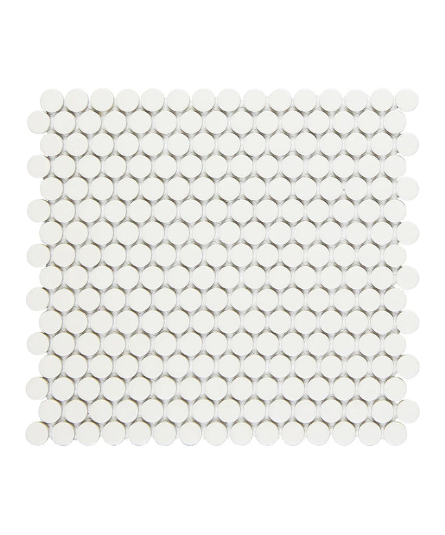 White circular mosaic tile pattern on a white background