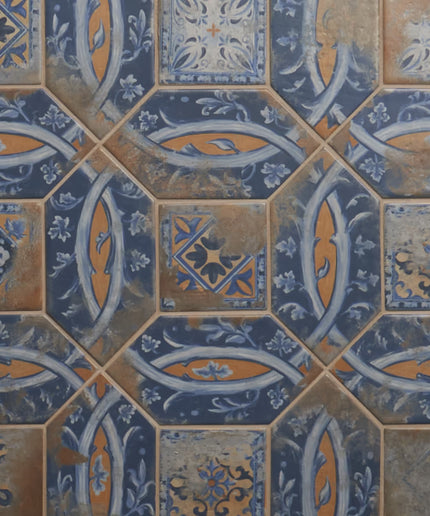 Decorative hexagonal tiles with intricate patterns in blue, orange, and brown.