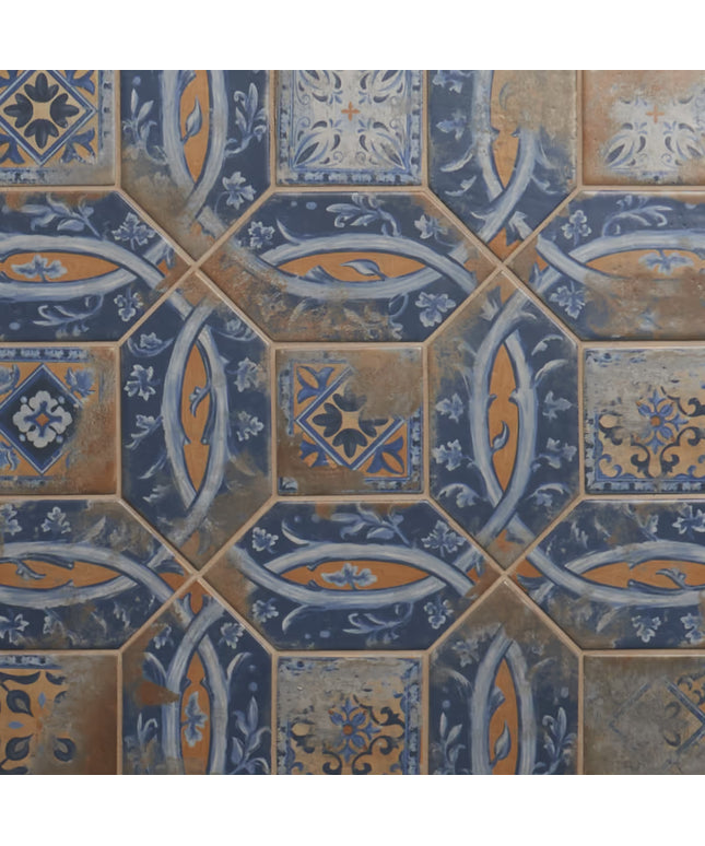 Decorative hexagonal tiles with intricate patterns in blue, orange, and brown.
