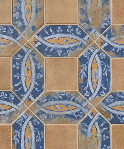 Hexagonal tiles with decorative patterns in blue, brown, and beige.