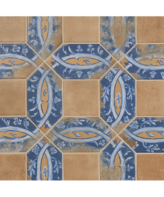 Hexagonal tiles with decorative patterns in blue, brown, and beige.