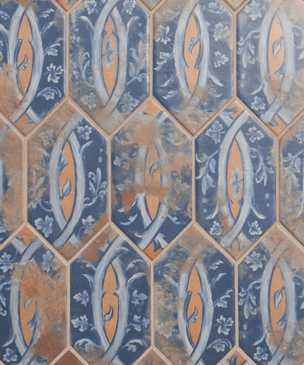 Hexagonal tiles with decorative pattern in blue, orange, and beige