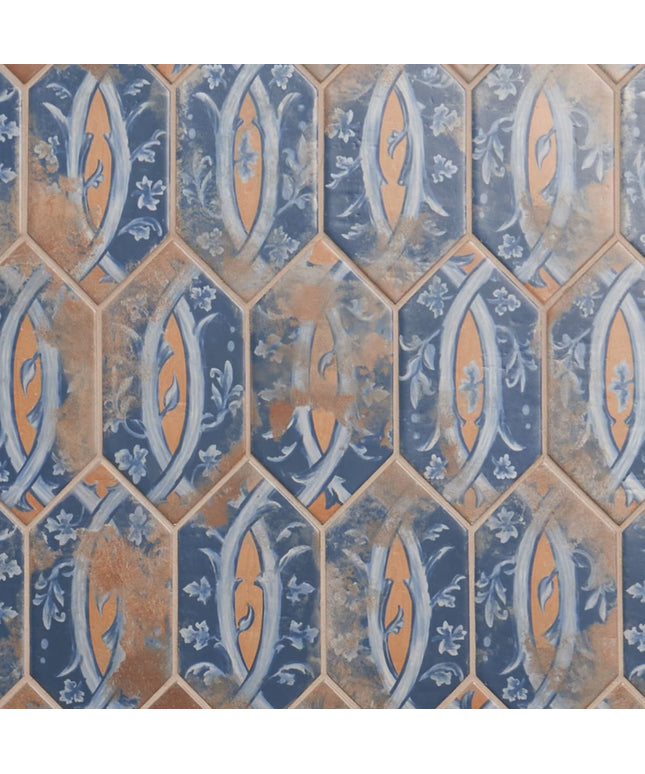 Hexagonal tiles with decorative pattern in blue, orange, and beige