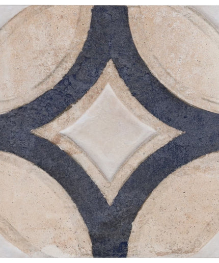 Decorative tile with geometric pattern featuring beige and blue colors.