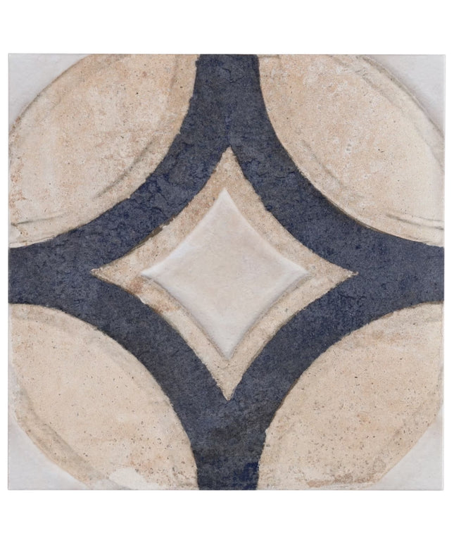 Decorative tile with geometric pattern featuring beige and blue colors.
