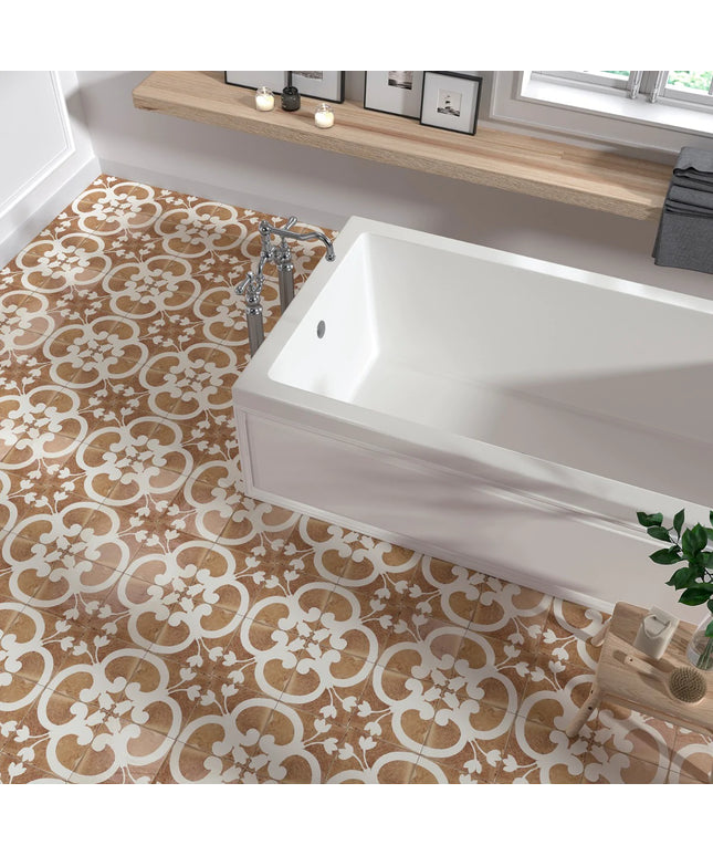 Bathroom with a white bathtub on a patterned floor
