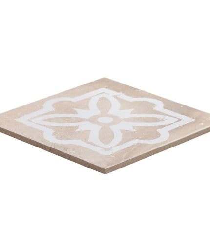 Decorative tile with a white geometric pattern on a beige background