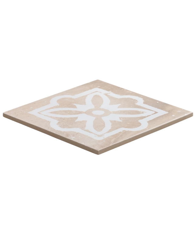 Decorative tile with a white geometric pattern on a beige background