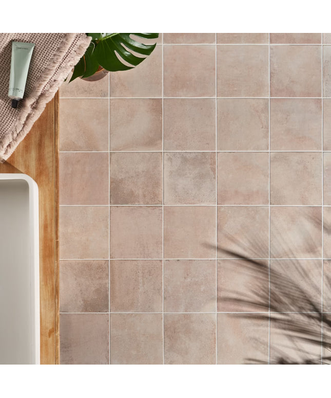 Bathroom setting with tiled wall, towel, and plant
