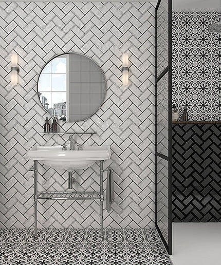 Modern bathroom with patterned tiles, sink, and decorative elements.