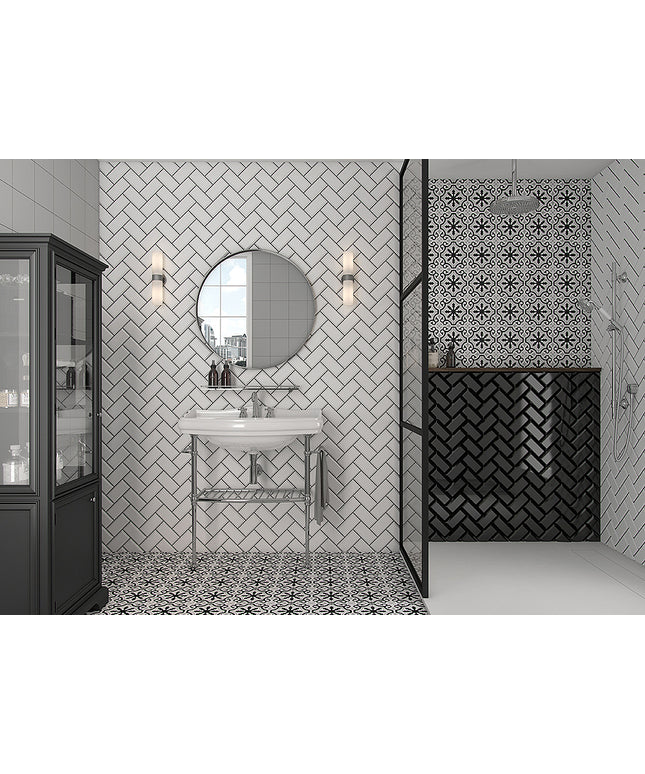 Modern bathroom with patterned tiles, sink, and decorative elements.